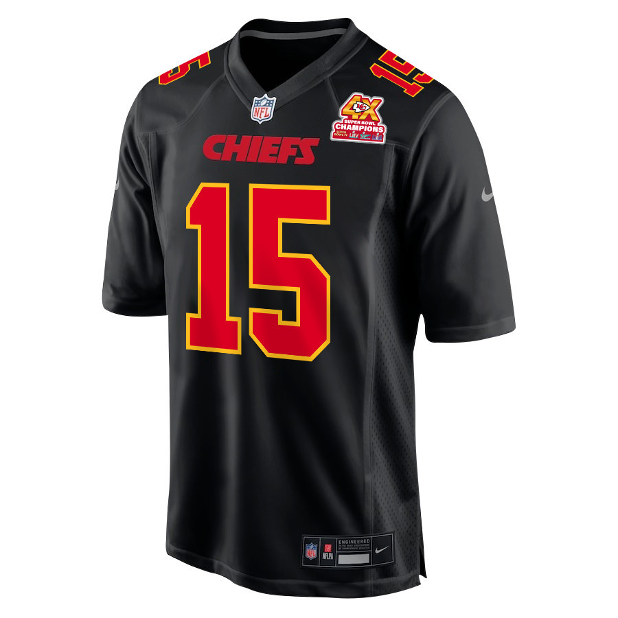 Patrick Mahomes 15 Kansas City Chiefs Super Bowl LVIII Champions 4X Fashion Game Carbon Black NFL Jersey Men's