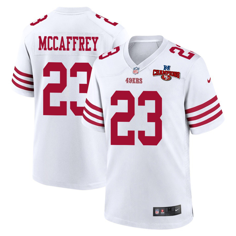 Christian McCaffrey 23 San Francisco 49ers NFC Champions Patch Game White NFL Jersey Men's