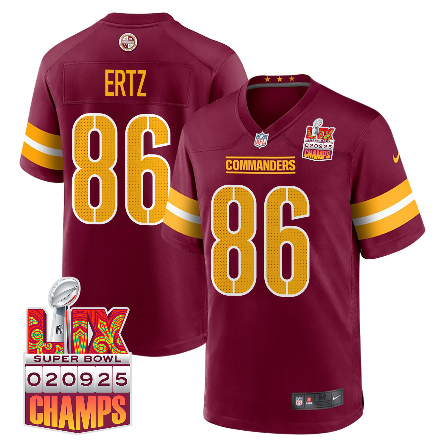 Zach Ertz 86 Washington Commanders Super Bowl LIX Champions Patch Game Burgundy NFL Jersey Men's