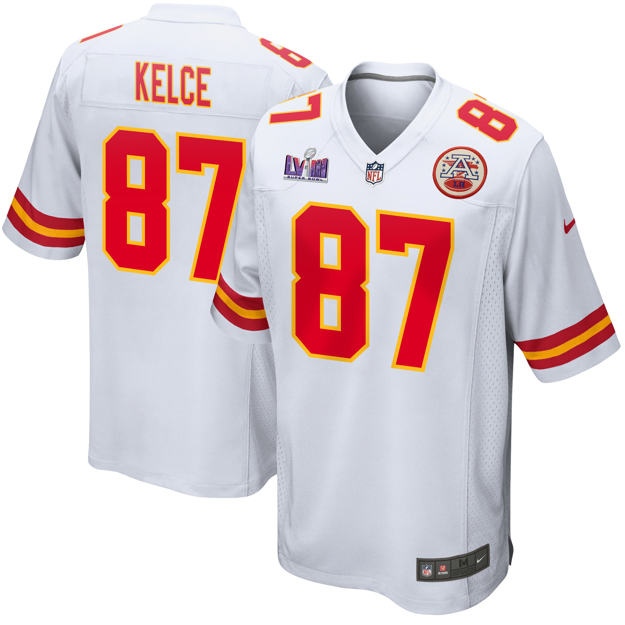 Travis Kelce 87 Kansas City Chiefs Super Bowl LVIII Patch Game White NFL Jersey Men's