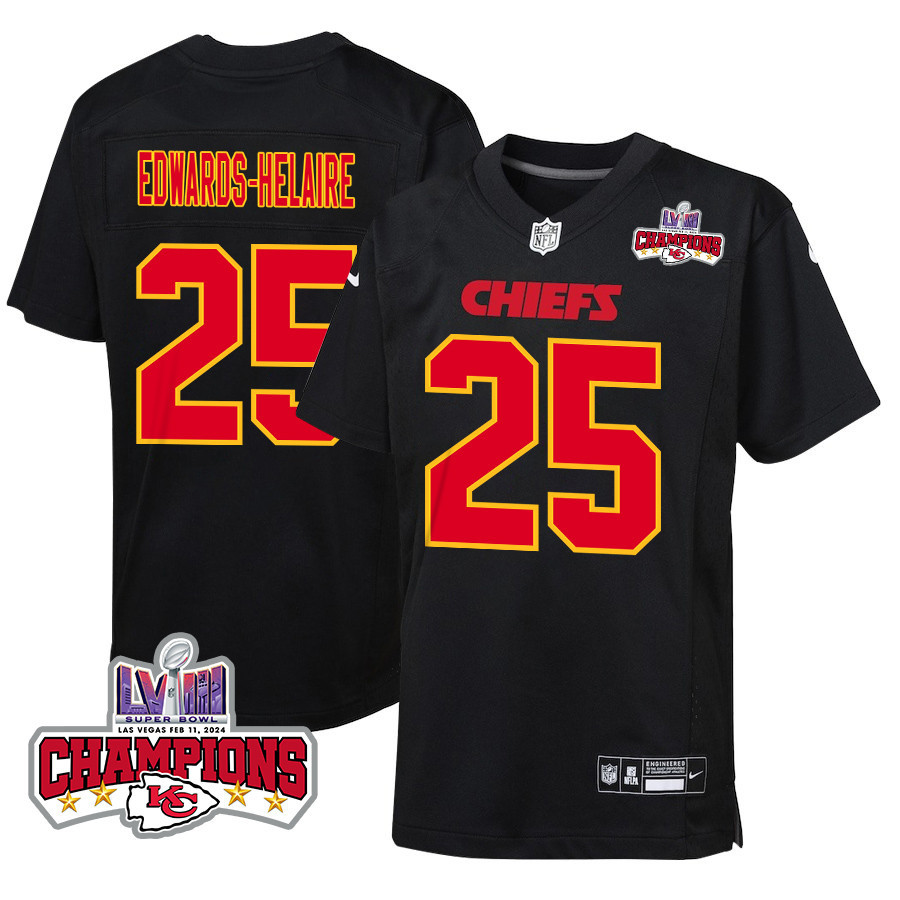 Clyde Edwards-Helaire 25 Kansas City Chiefs Super Bowl LVIII Champions 4 Stars Patch Fashion Game Carbon Black NFL Jersey Youth