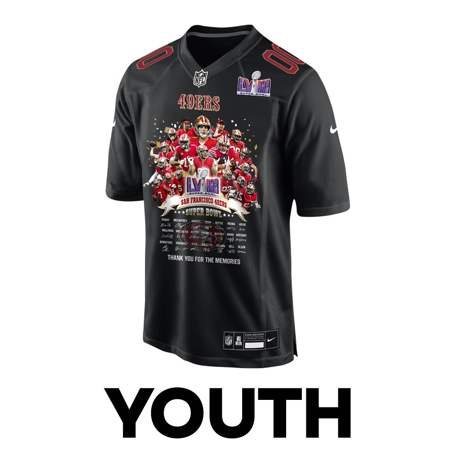 San Francisco 49ers Super Bowl LVIII Thanks For Memories Fashion Game Custom Carbon Black NFL Jersey Youth