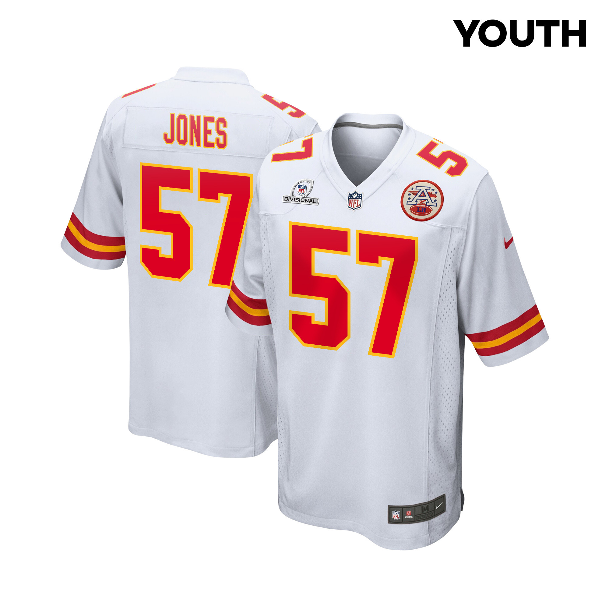 Truman Jones 57 Kansas City Chiefs Super Bowl LVIII Patch Game White NFL Jersey Youth