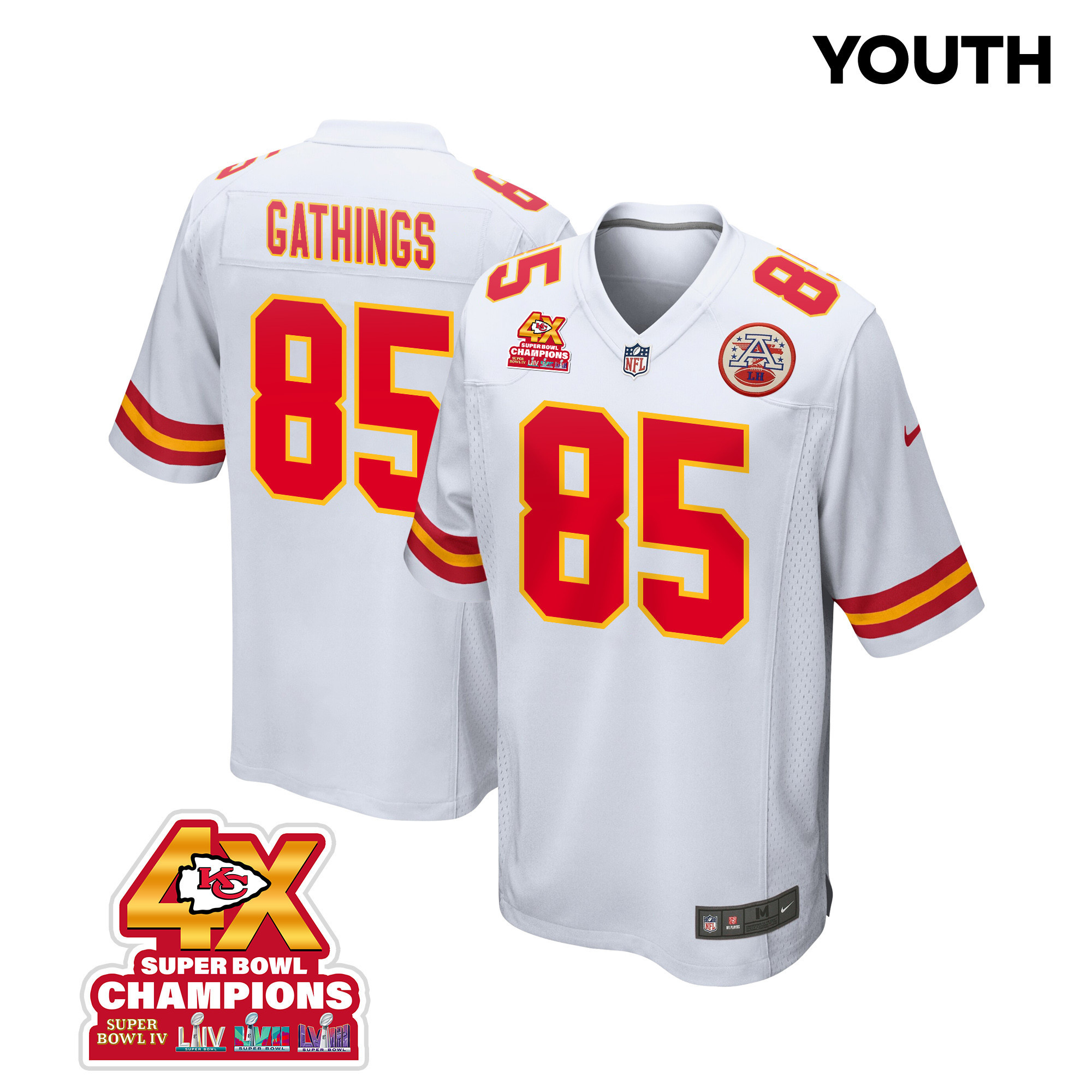 Izaiah Gathings 85 Kansas City Chiefs Super Bowl LVIII Champions 4X Game White NFL Jersey Youth
