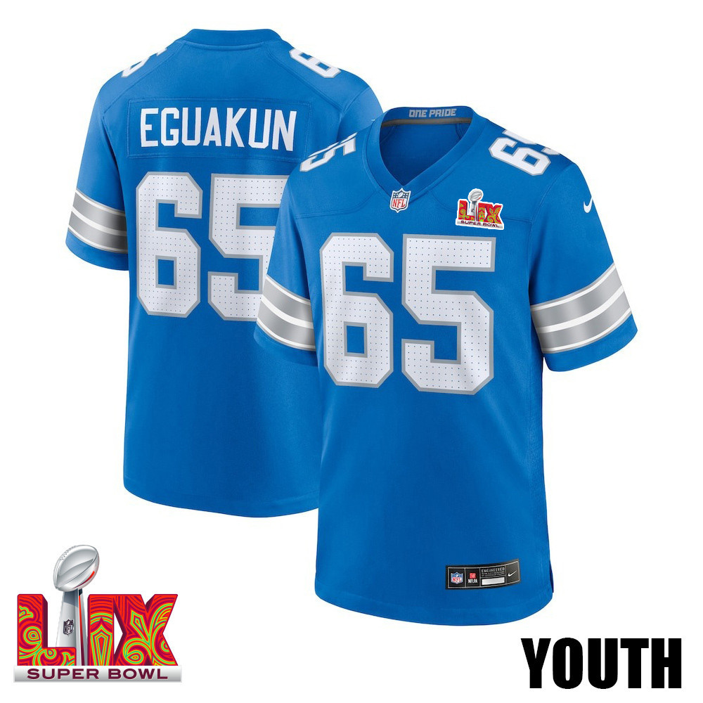 Kingsley Eguakun #65 Detroit Lions Super Bowl LIX Blue NFL Jersey Youth