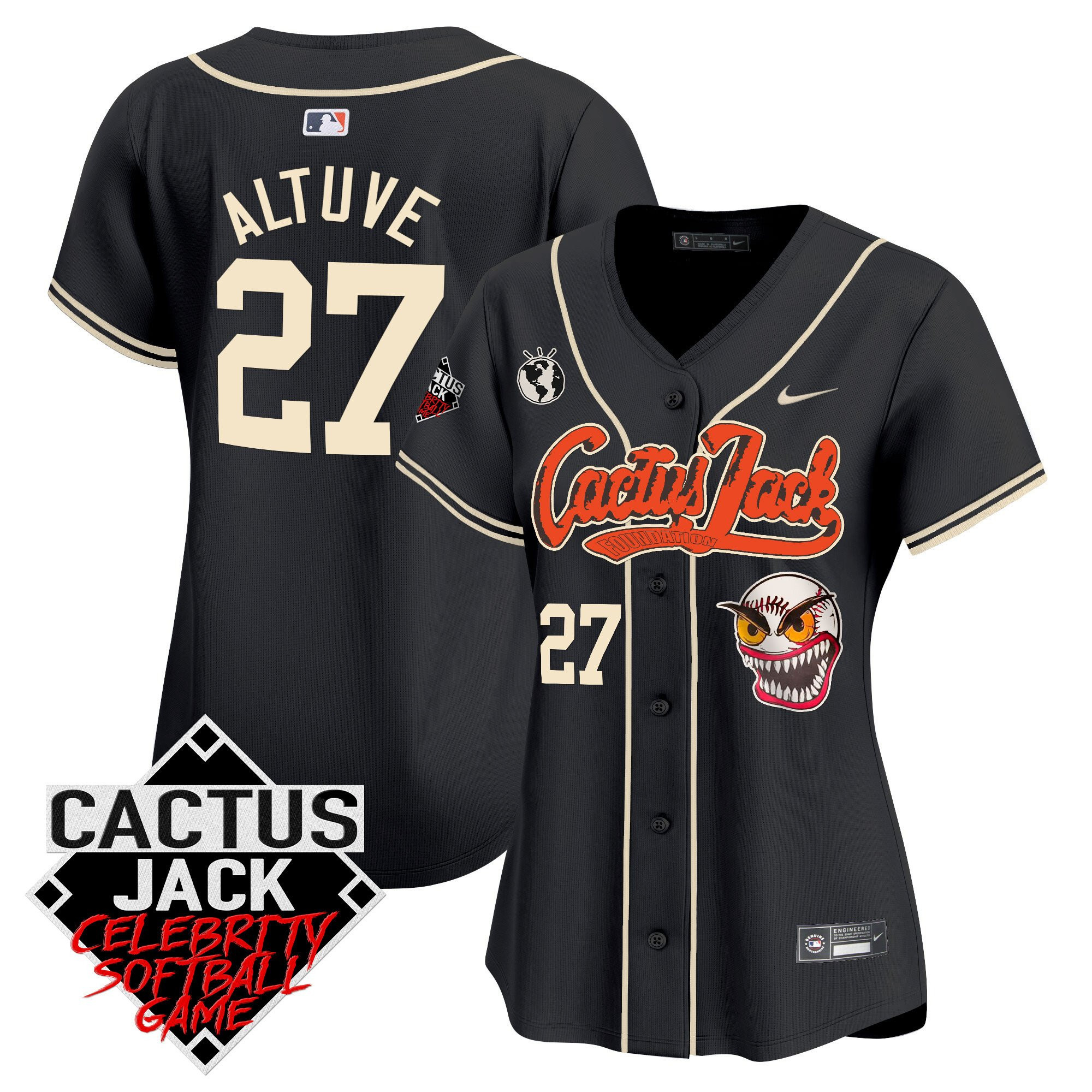 Jose Altuve 27 Houston Astros Cactus Jack Celebrity Softball Game Patch Black MLB Jersey Women's