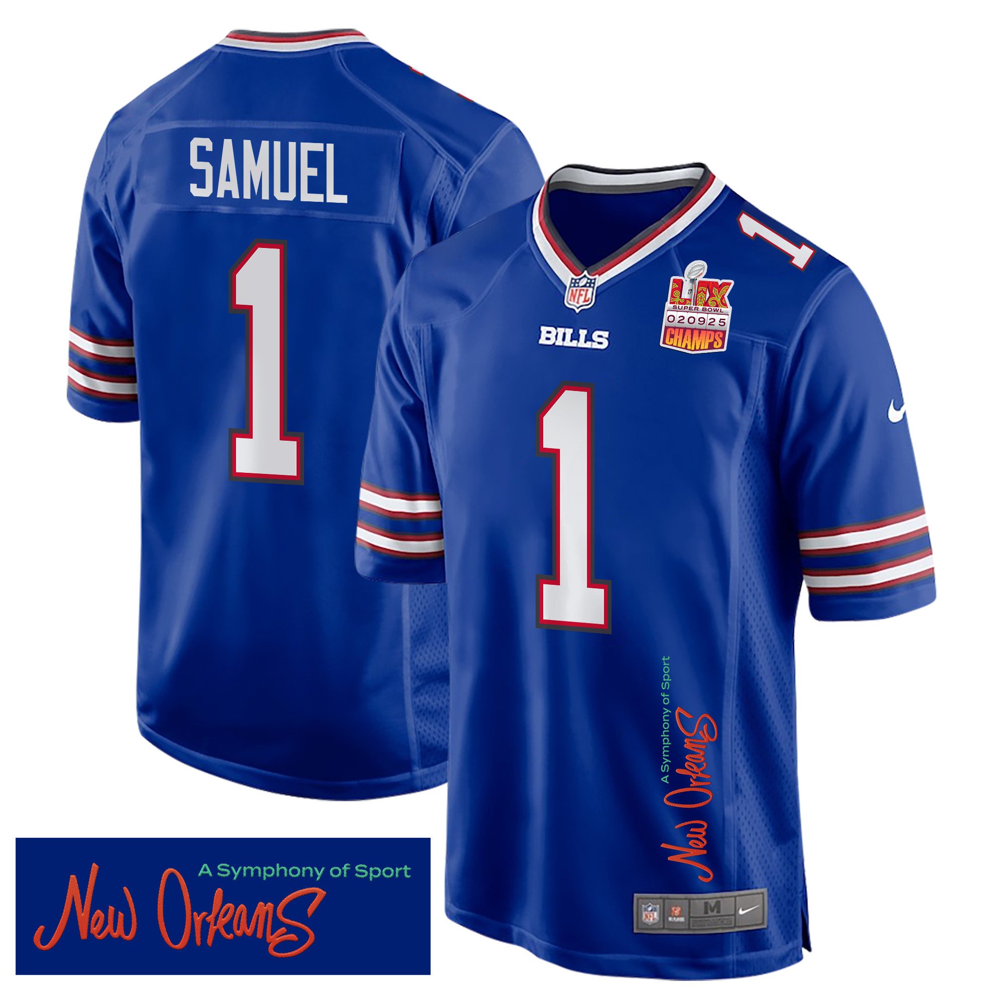 Curtis Samuel 1 Buffalo Bills Super Bowl LIX Champions Patch New Orleans A Symphony of Sport' EMBROIDERED Game Royal NFL Jersey Men's