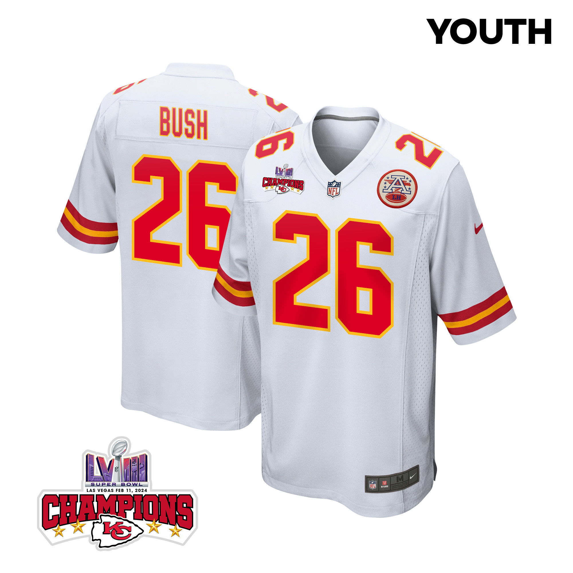 Deon Bush 26 Kansas City Chiefs Super Bowl LVIII Champions 4 Stars Patch Game White NFL Jersey Youth