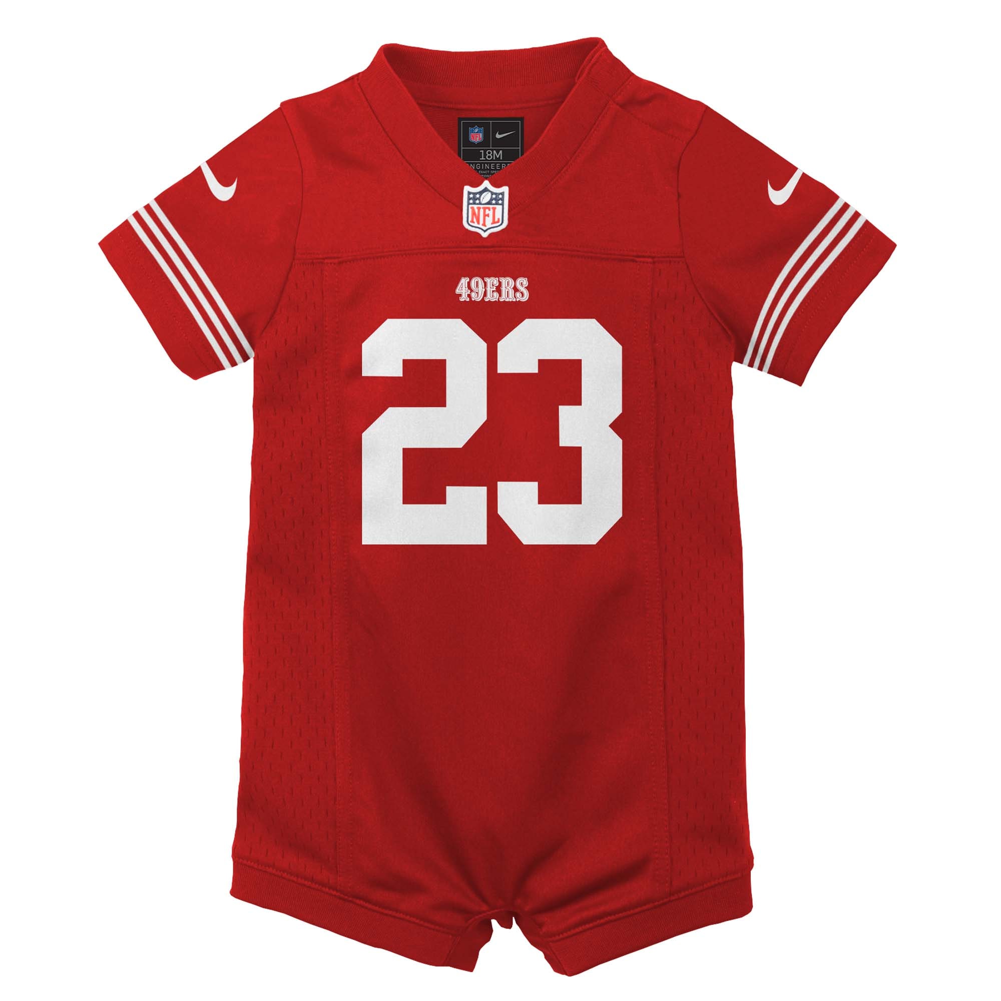 Newborn Infant San Francisco 49ers Christian McCaffrey Scarlet Game Romper NFL Jersey Men's