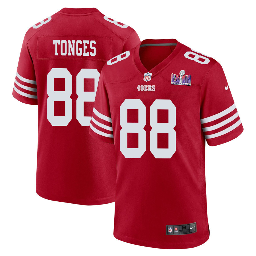 Jake Tonges 88 San Francisco 49ers Super Bowl LVIII Patch Game Scarlet NFL Jersey Men's
