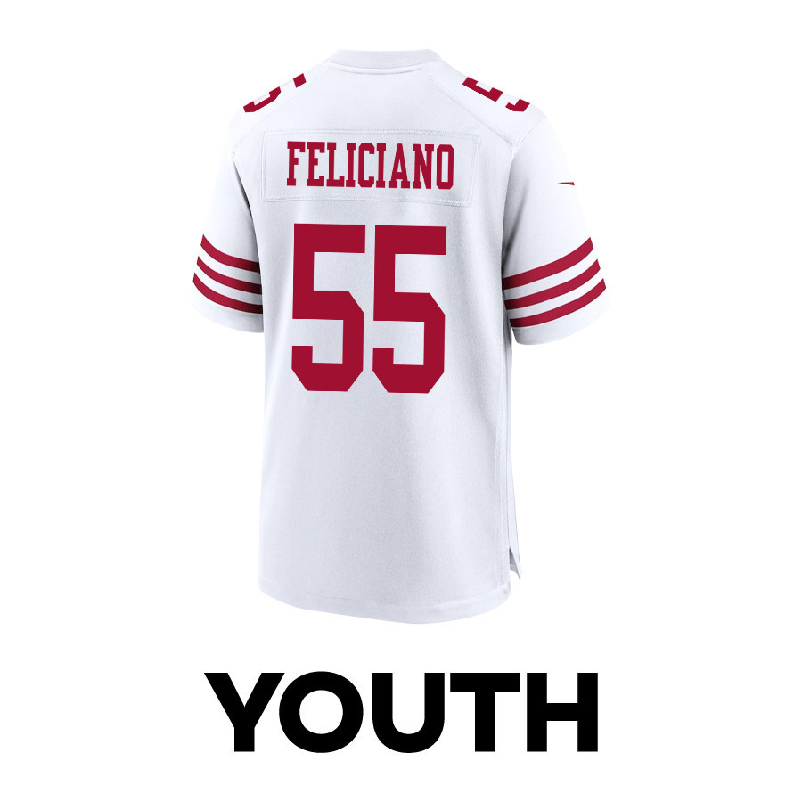 Jon Feliciano 55 San Francisco 49ers Super Bowl LVIII Patch Game White NFL Jersey Youth