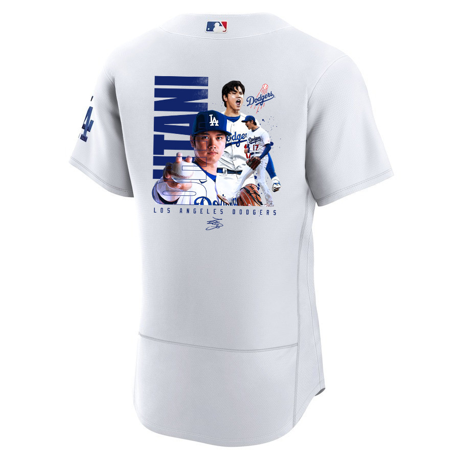 Shohei Ohtani 17 Los Angeles Dodgers Signed Name 2023 Home ELITE White MLB Jersey Men's