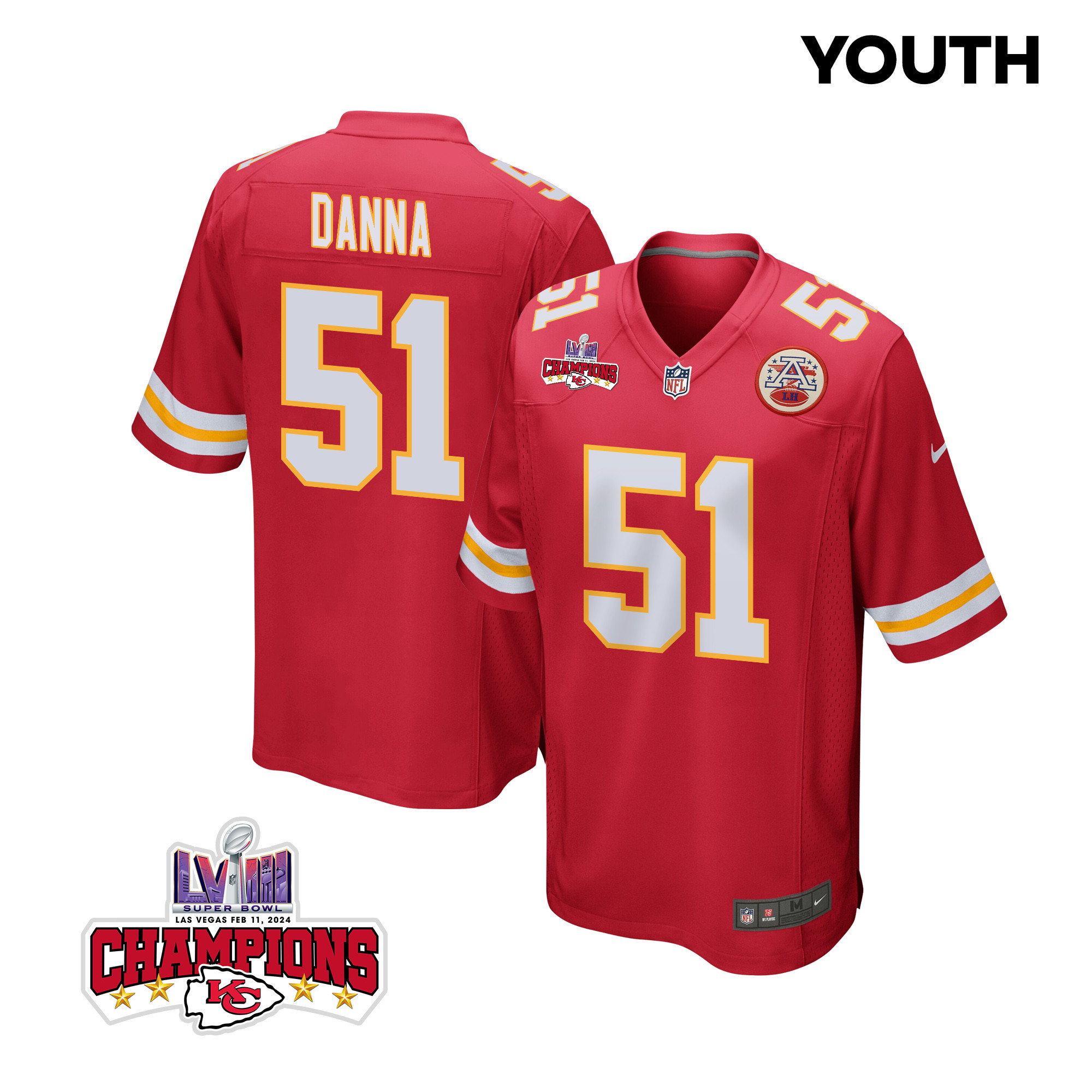 Mike Danna 51 Kansas City Chiefs Super Bowl LVIII Champions 4 Stars Patch Game Red NFL Jersey Youth