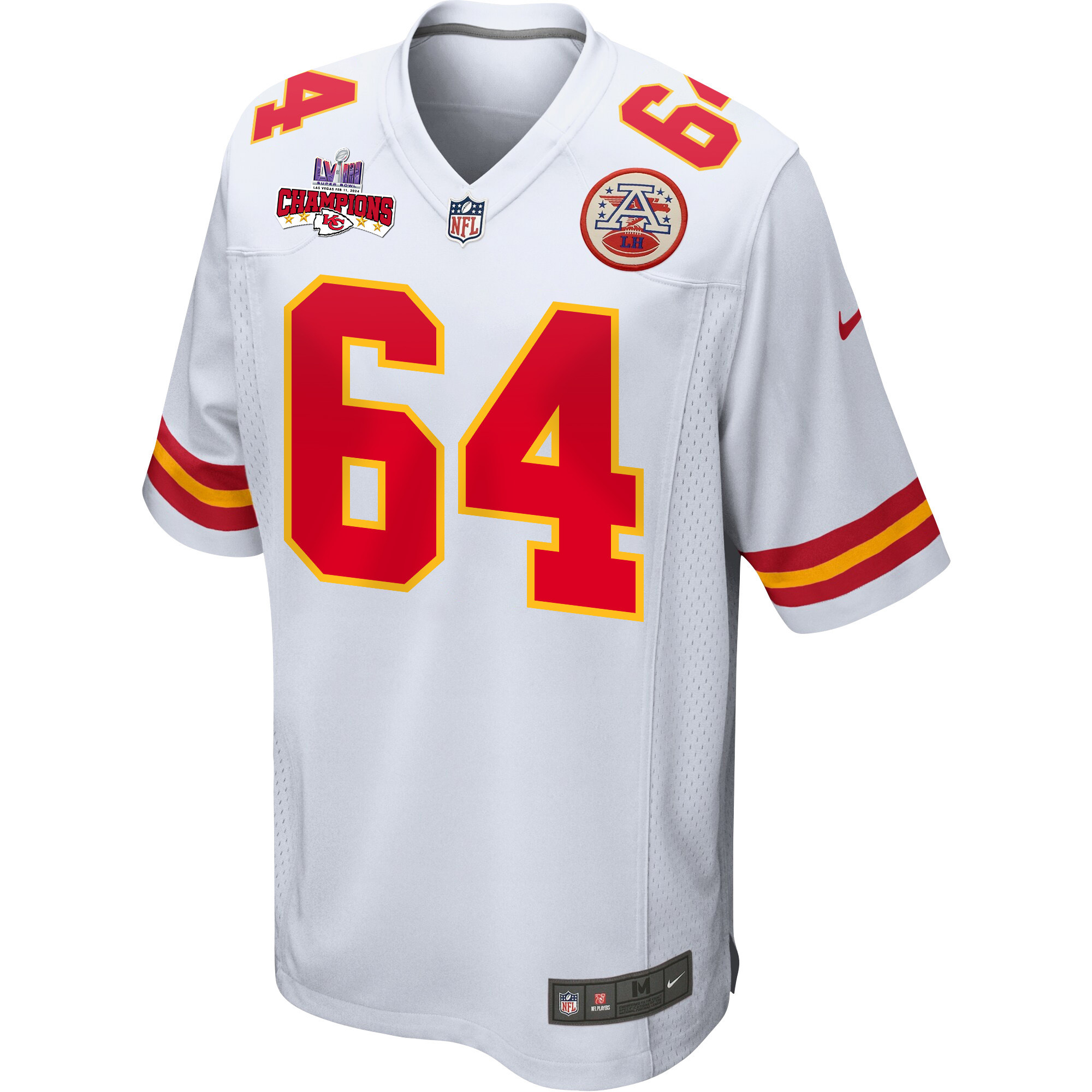 Wanya Morris 64 Kansas City Chiefs Super Bowl LVIII Champions 4 Stars Patch Game White NFL Jersey Men's
