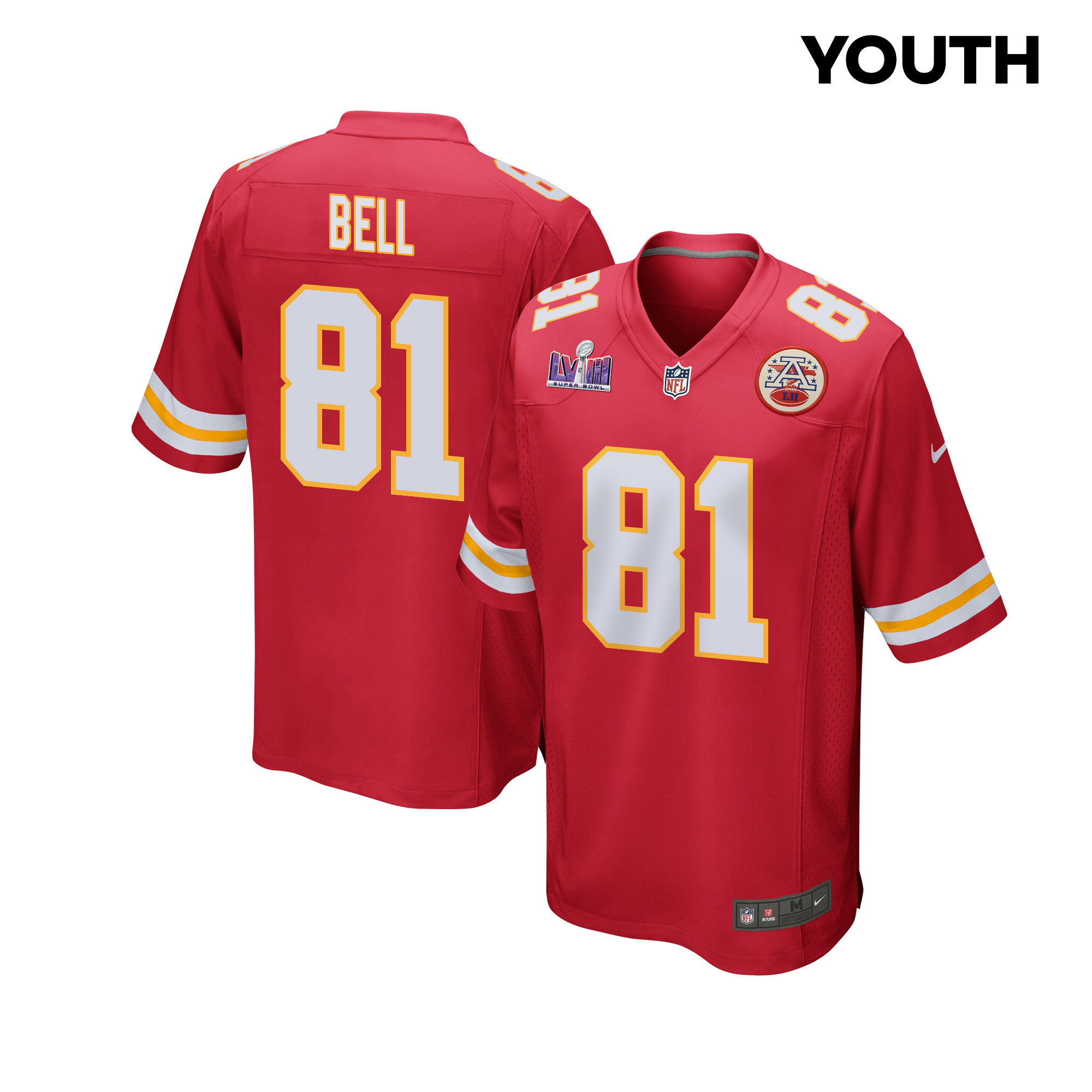 Blake Bell 81 Kansas City Chiefs Super Bowl LVIII Patch Game Red NFL Jersey Youth
