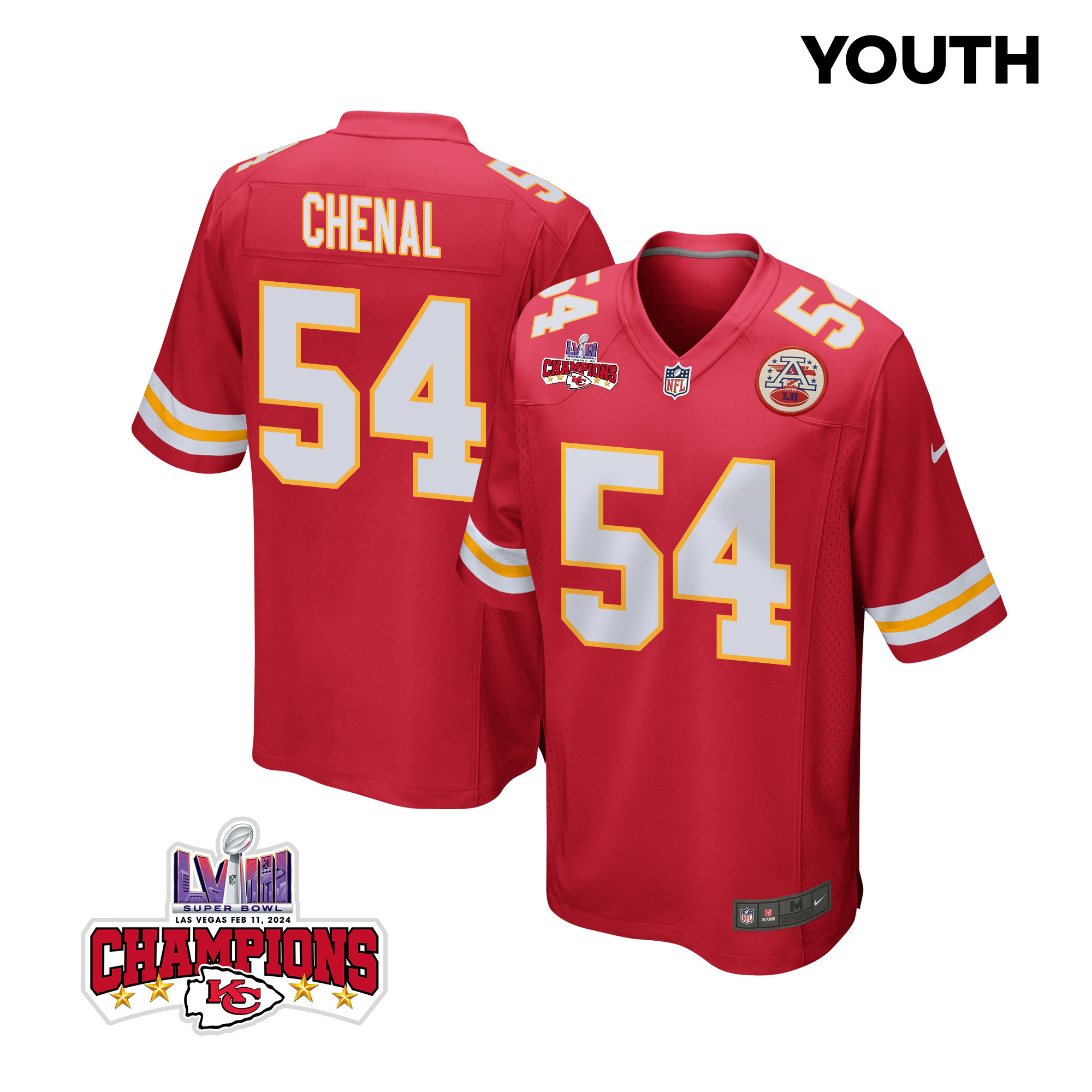 Leo Chenal 54 Kansas City Chiefs Super Bowl LVIII Champions 4 Stars Patch Game Red NFL Jersey Youth