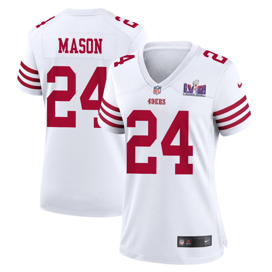 Jordan Mason 24 San Francisco 49ers Super Bowl LVIII Patch Game White NFL Jersey Women's