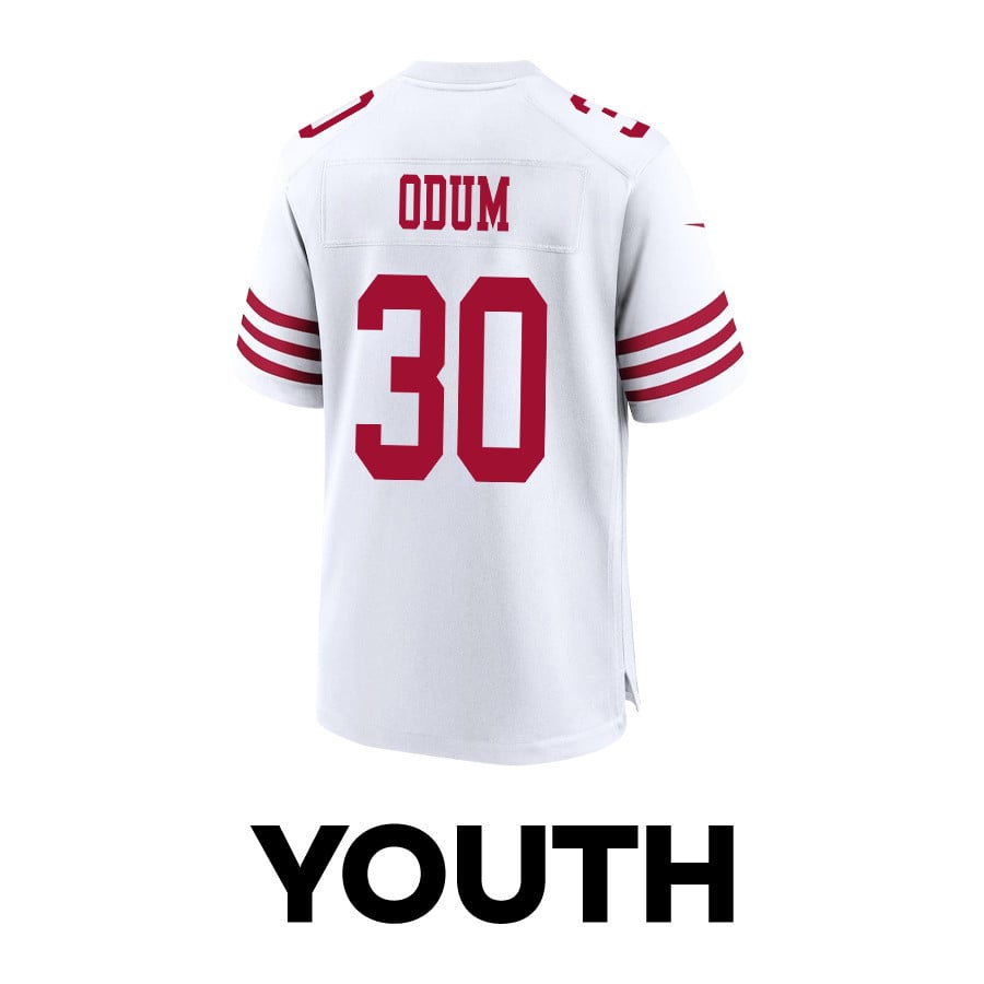 George Odum 30 San Francisco 49ers Super Bowl LVIII Patch Game White NFL Jersey Youth