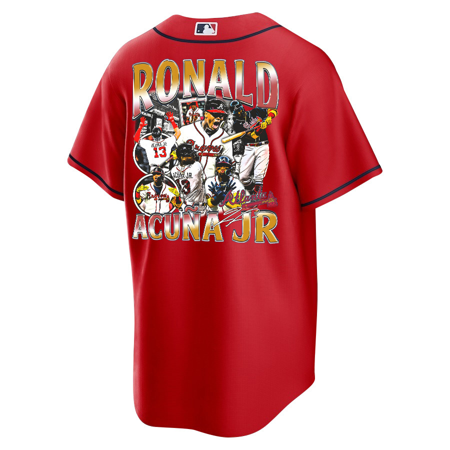 Ronald Acu?a Jr. 13 Atlanta Braves Signed Posture 2023 Alternate Player Red MLB Jersey Men's