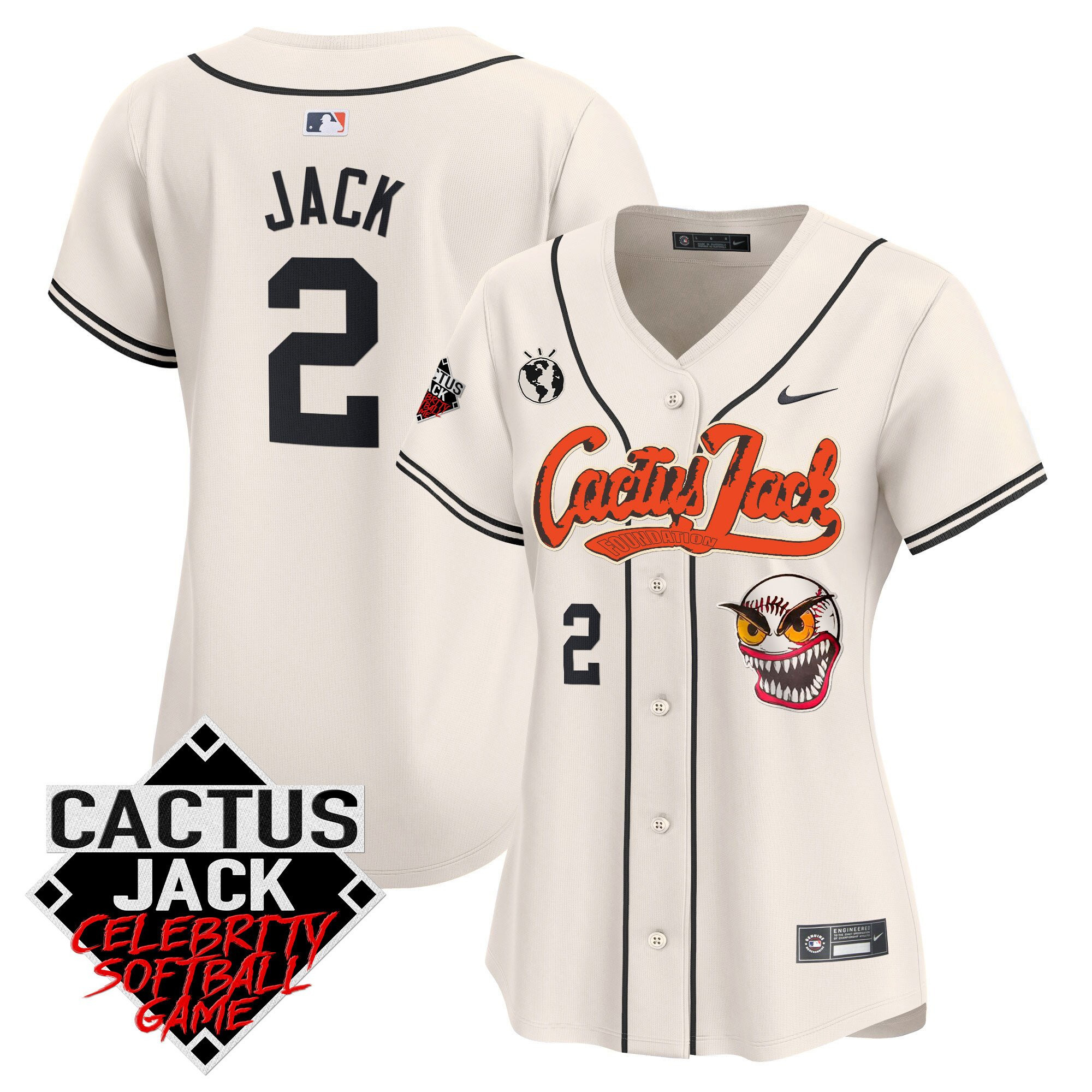 Jack 2 Houston Astros Cactus Jack Celebrity Softball Game Patch Cream MLB Jersey Women's