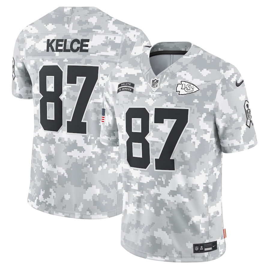 Travis Kelce 87 Kansas City Chiefs 2024 Salute to Service Limited Arctic Camo NFL Jersey Men's