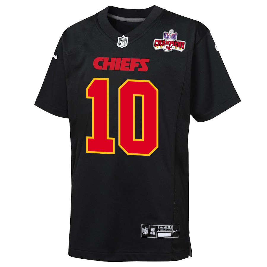 Isiah Pacheco 10 Kansas City Chiefs Super Bowl LVIII Champions 4 Stars Patch Fashion Game Carbon Black NFL Jersey Youth