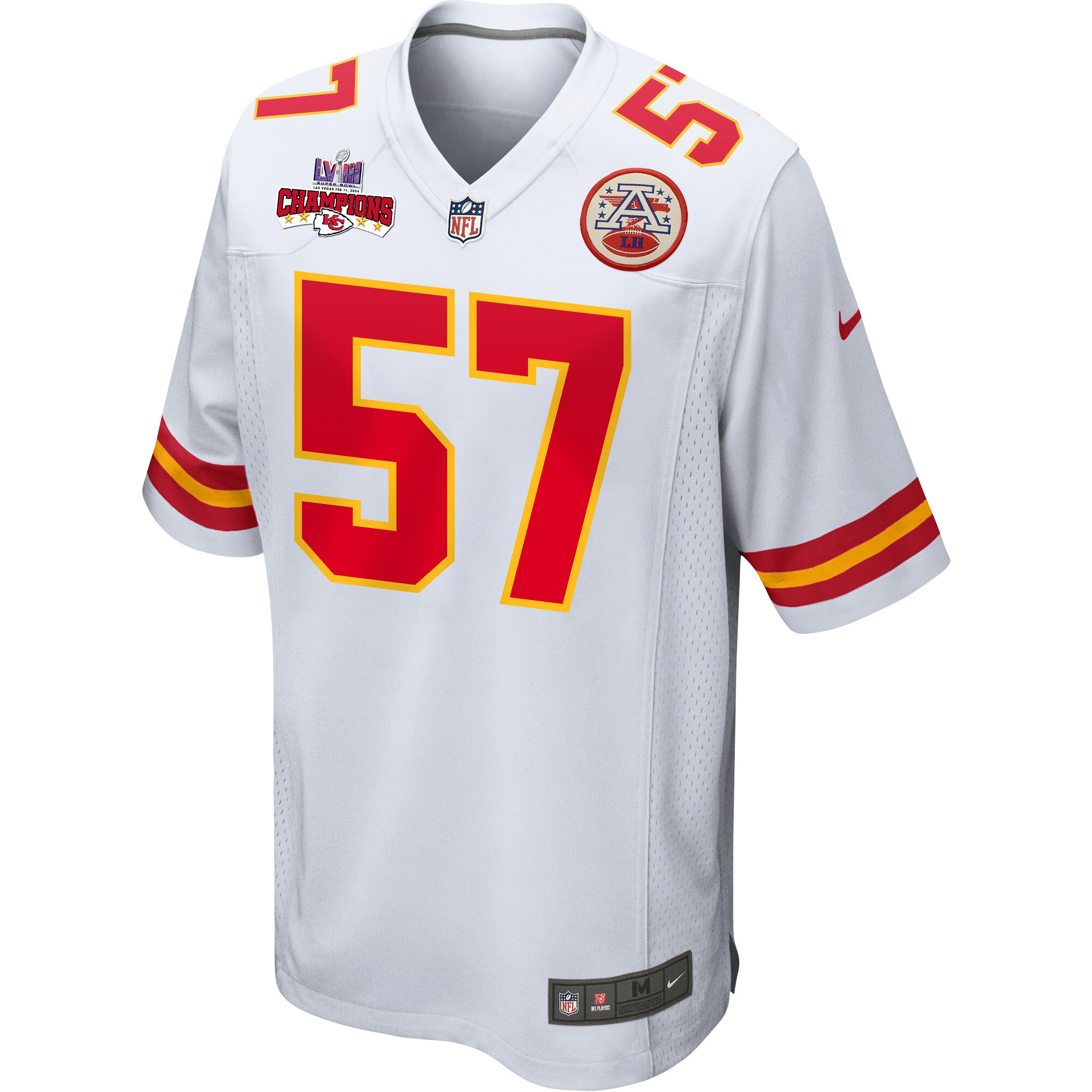 Truman Jones 57 Kansas City Chiefs Super Bowl LVIII Champions 4 Stars Patch Game White NFL Jersey Men's