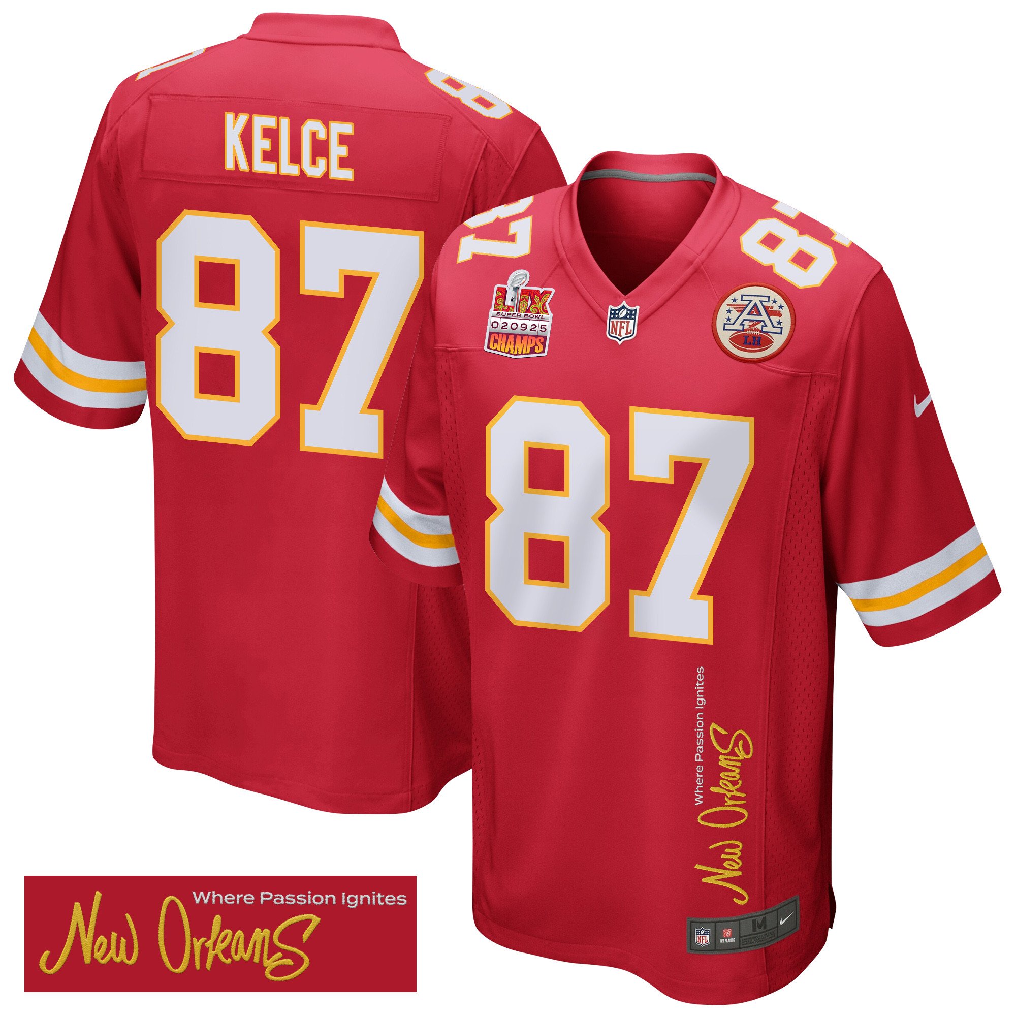 Travis Kelce 87 Kansas City Chiefs Super Bowl LIX Champions Patch New Orleans Where Passion Ignites' EMBROIDERED Game Red NFL Jersey Men's