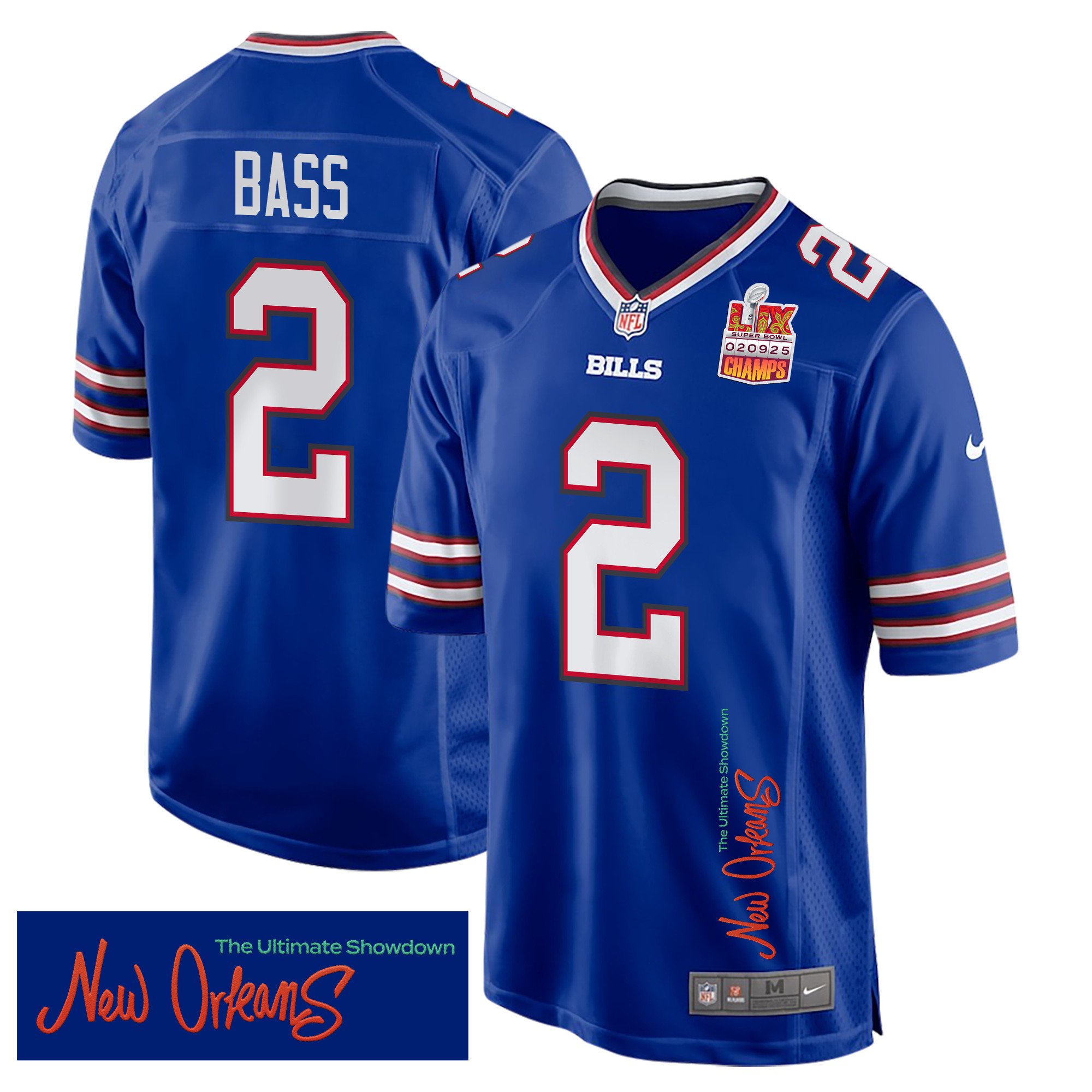 Tyler Bass 2 Buffalo Bills Super Bowl LIX Champions Patch New Orleans The Ultimate Showdown' EMBROIDERED Game Royal NFL Jersey Men's