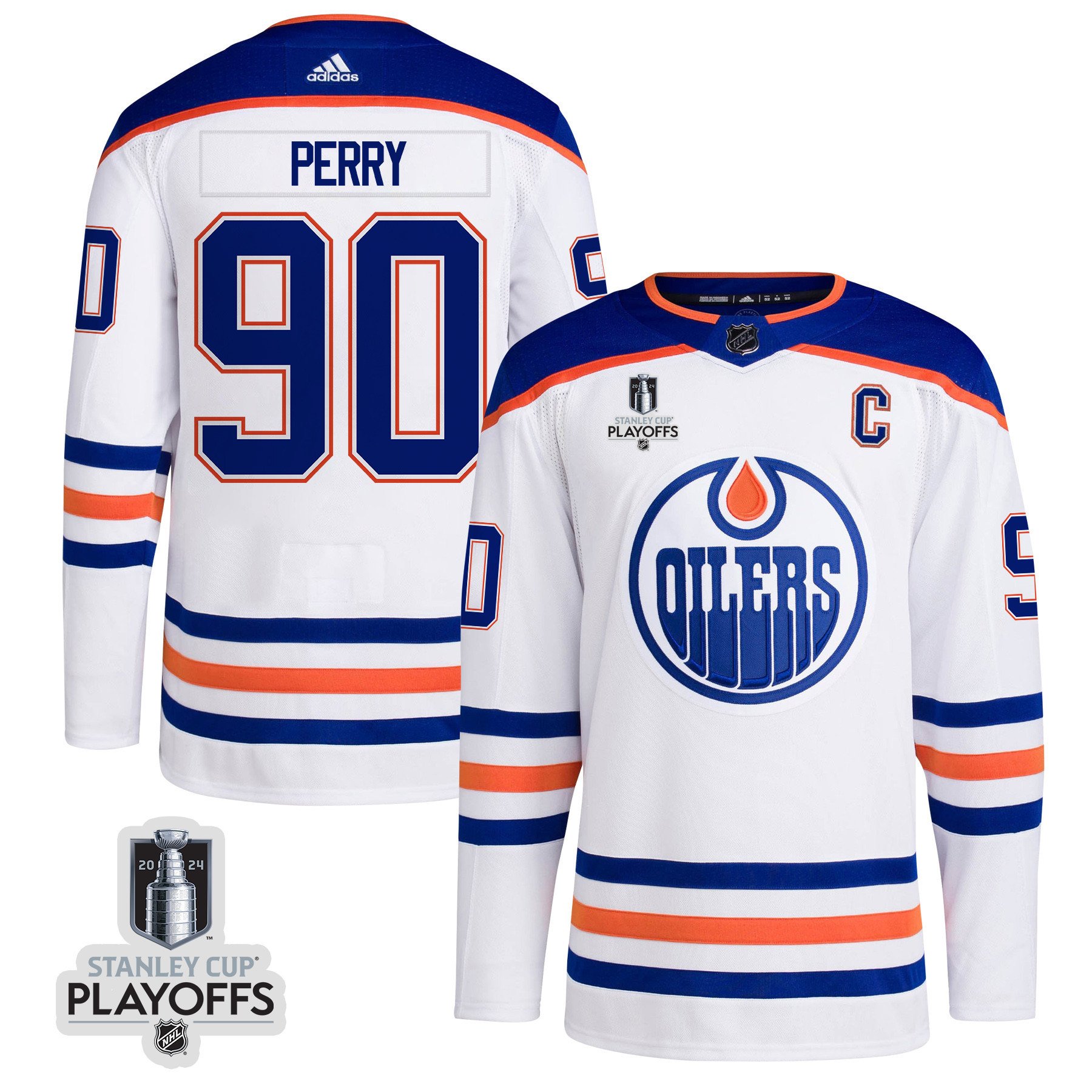 Corey Perry 90 Edmonton Oilers 2024 Playoffs Patch Away White NHL Jersey Men's