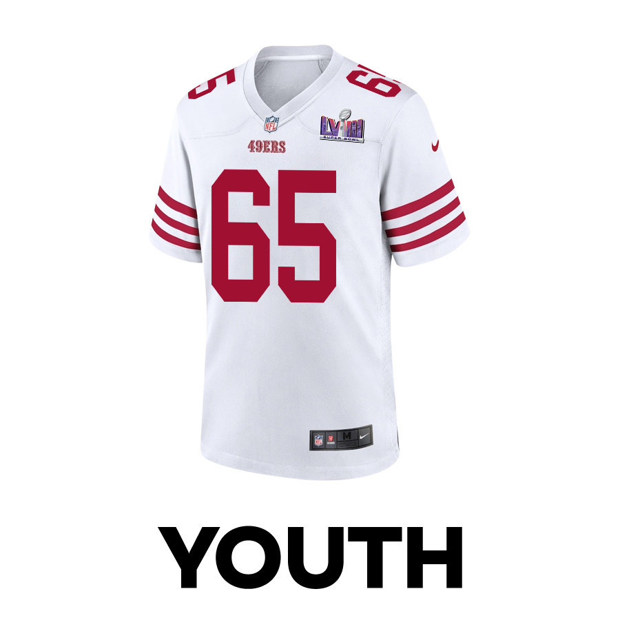 Aaron Banks 65 San Francisco 49ers Super Bowl LVIII Patch Game White NFL Jersey Youth