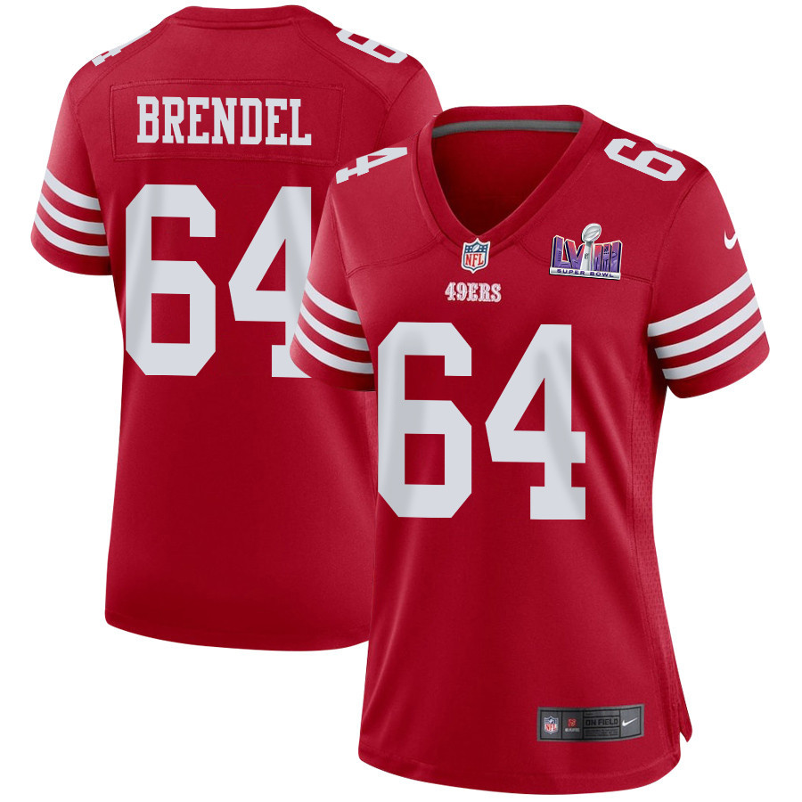 Jake Brendel 64 San Francisco 49ers Super Bowl LVIII Patch Game Scarlet NFL Jersey Women's