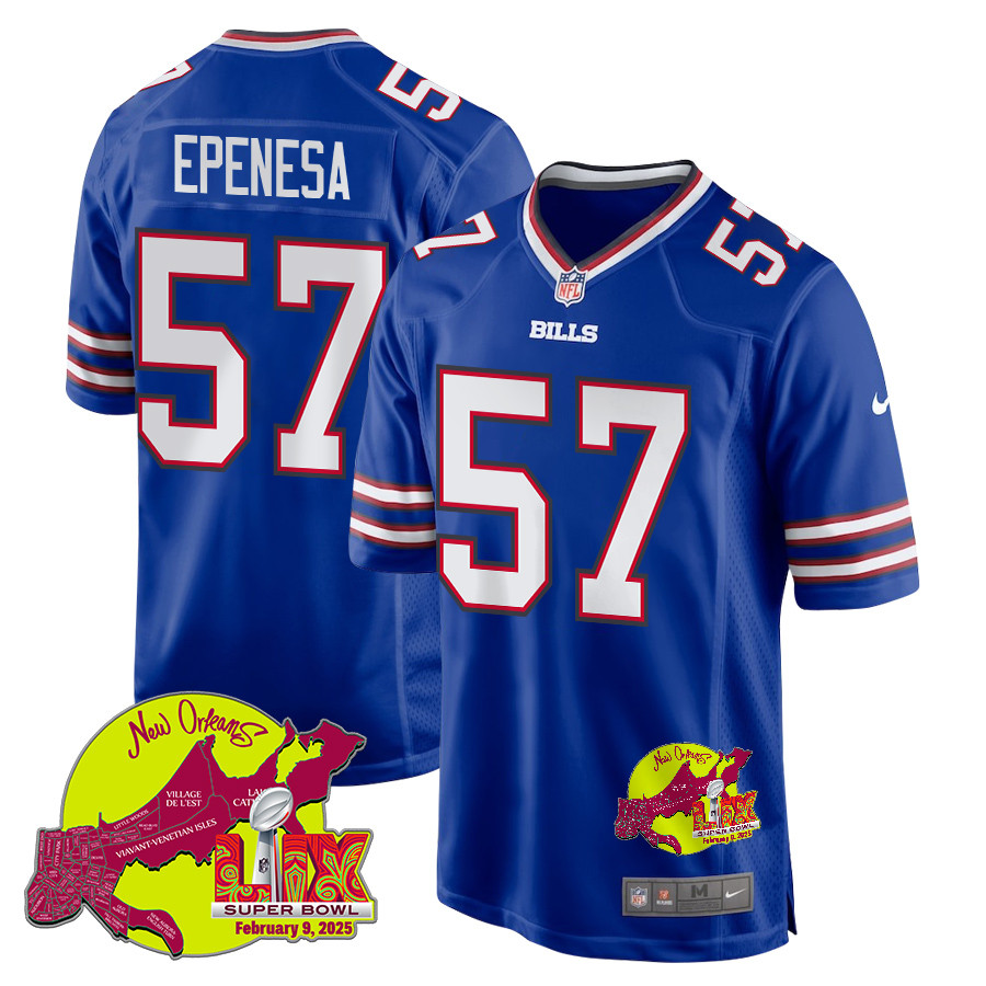 A.J. Epenesa 57 Buffalo Bills Super Bowl LIX New Orleans Patch Game Royal NFL Jersey Men's