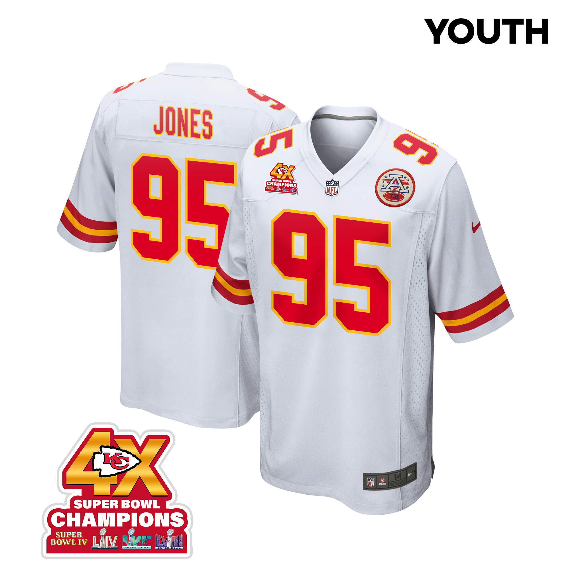 Chris Jones 95 Kansas City Chiefs Super Bowl LVIII Champions 4X Game White NFL Jersey Youth