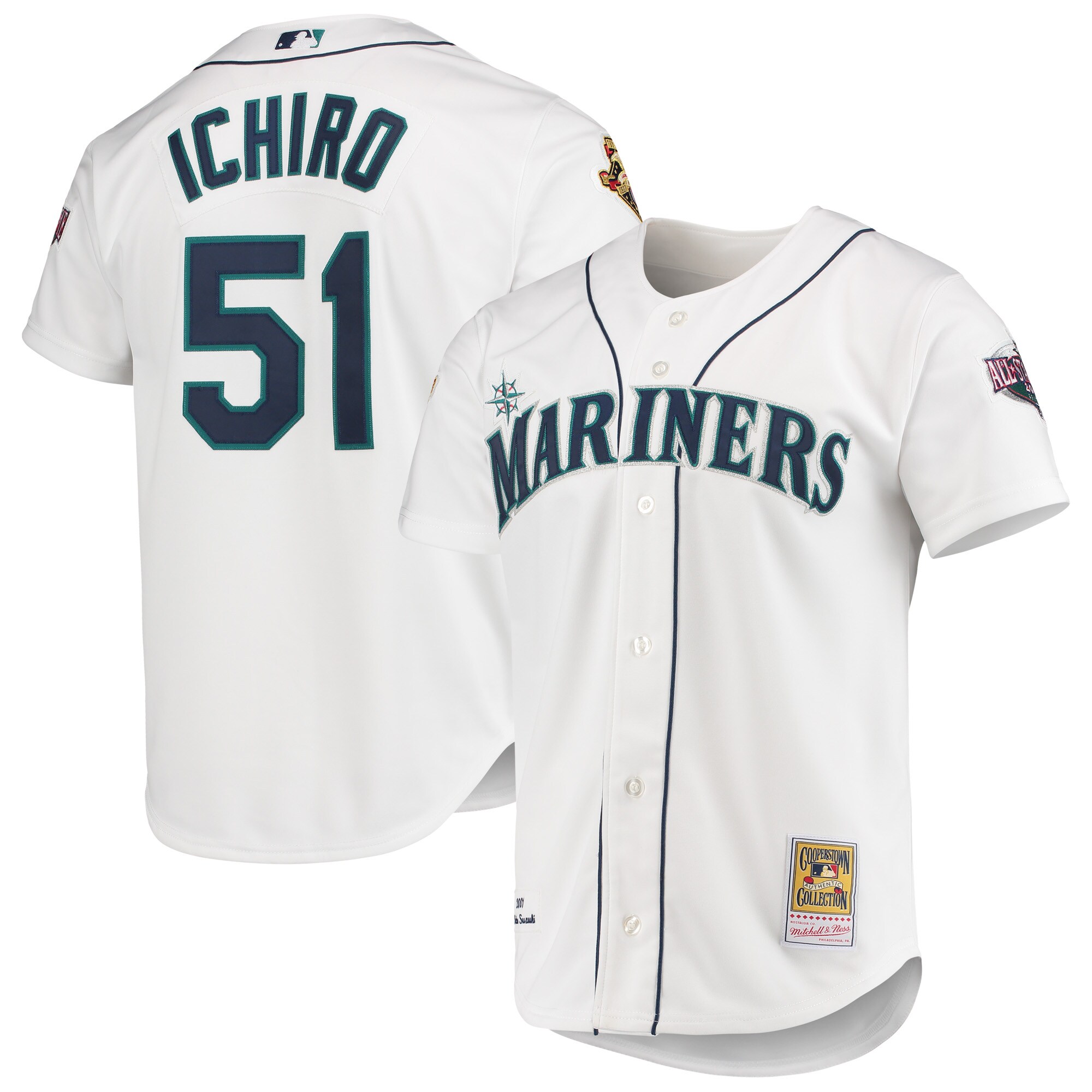 Seattle Mariners Ichiro Suzuki Mitchell Ness White 2001 All Star Game Cooperstown Collection MLB Jersey Men's
