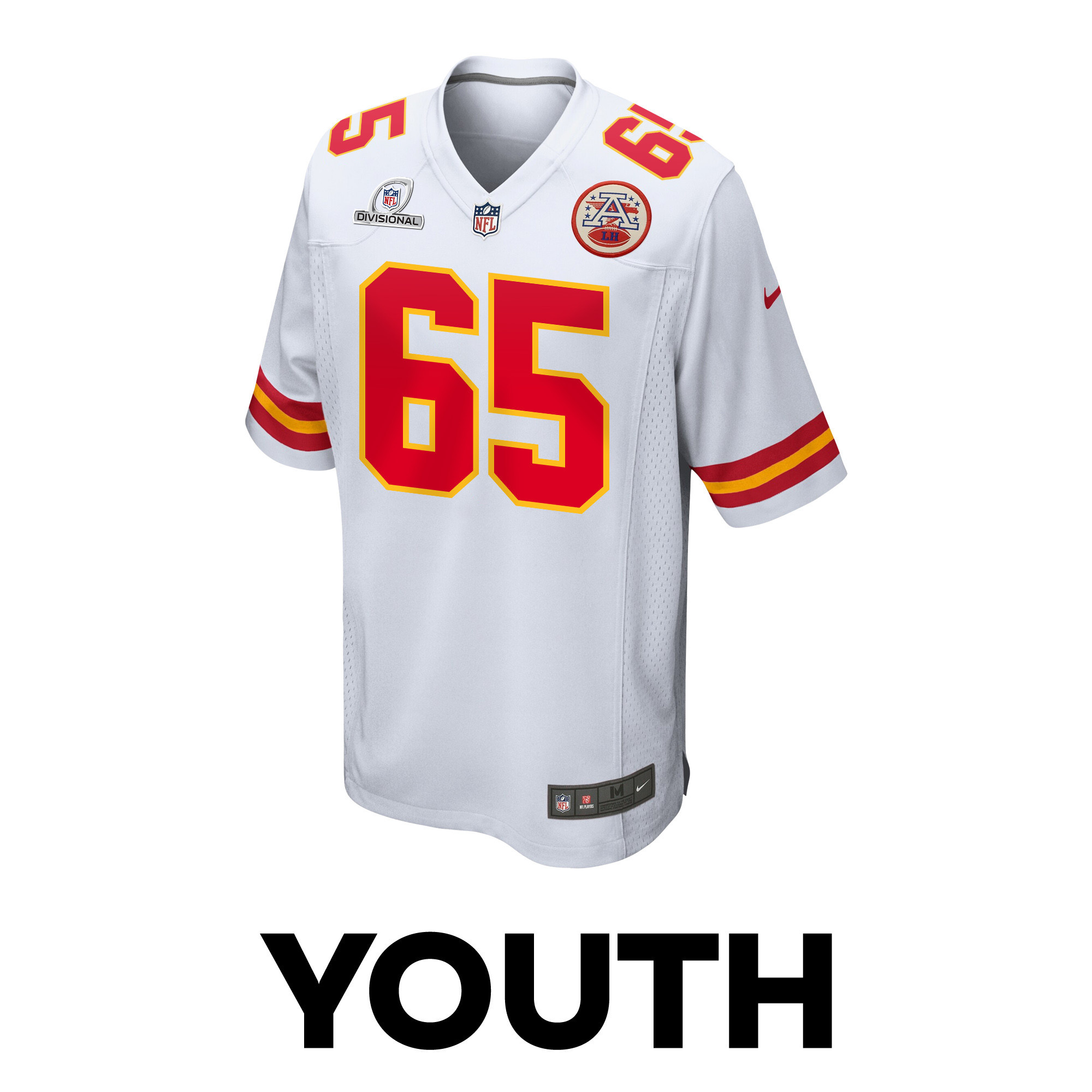 Trey Smith 65 Kansas City Chiefs Super Bowl LVIII Patch Game White NFL Jersey Youth