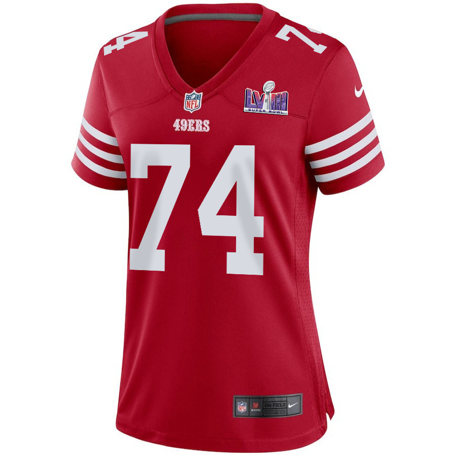Spencer Burford 74 San Francisco 49ers Super Bowl LVIII Patch Game Scarlet NFL Jersey Women's