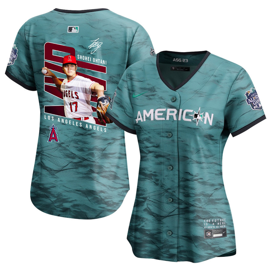 Shohei Ohtani 17 Los Angeles Angels Signed Logo 2023 All Star Game Limited Player Teal MLB Jersey Women's