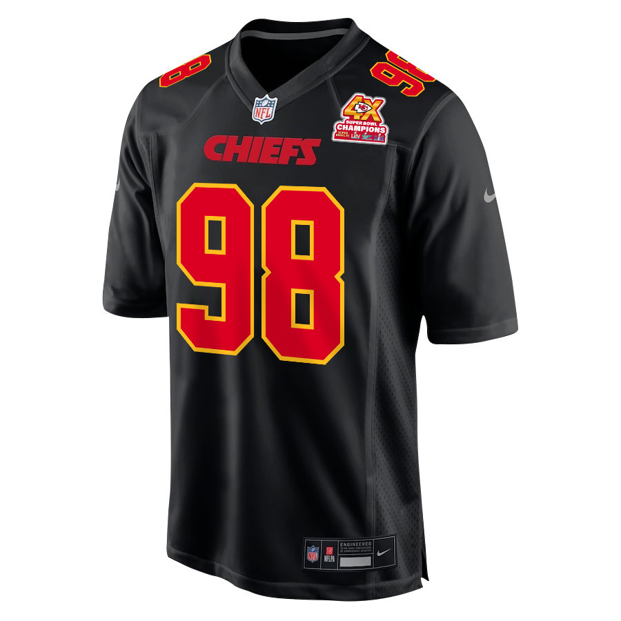 Tershawn Wharton 98 Kansas City Chiefs Super Bowl LVIII Champions 4X Fashion Game Carbon Black NFL Jersey Men's