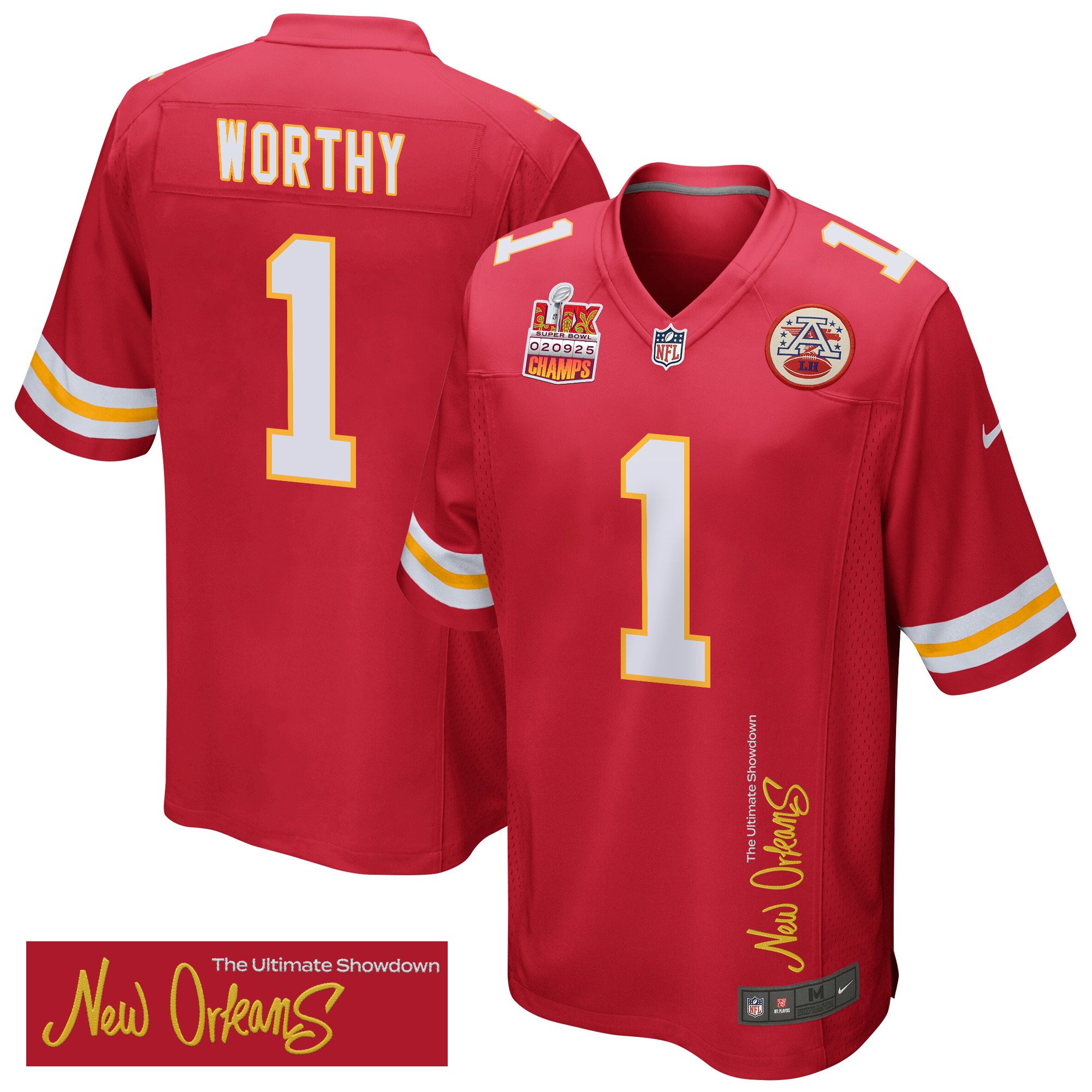 Xavier Worthy 1 Kansas City Chiefs Super Bowl LIX Champions Patch New Orleans The Ultimate Showdown' EMBROIDERED Game Red NFL Jersey Men's