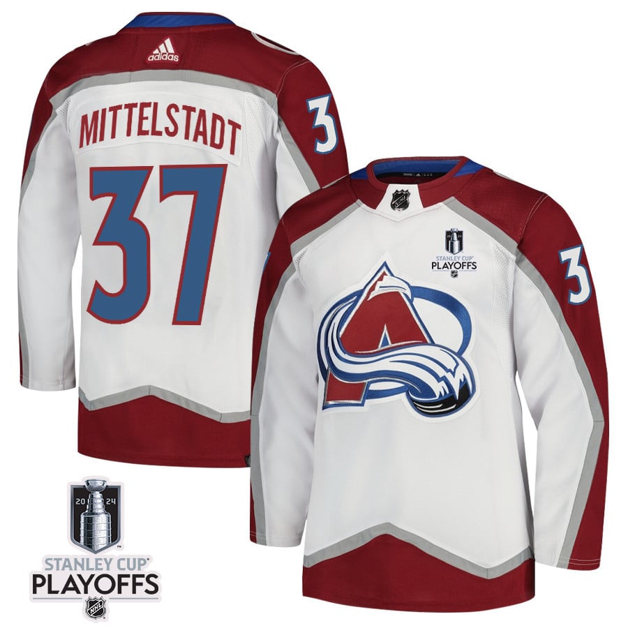 Casey Mittelstadt 37 Colorado Avalanche 2024 Playoffs Patch Away White NHL Jersey Men's
