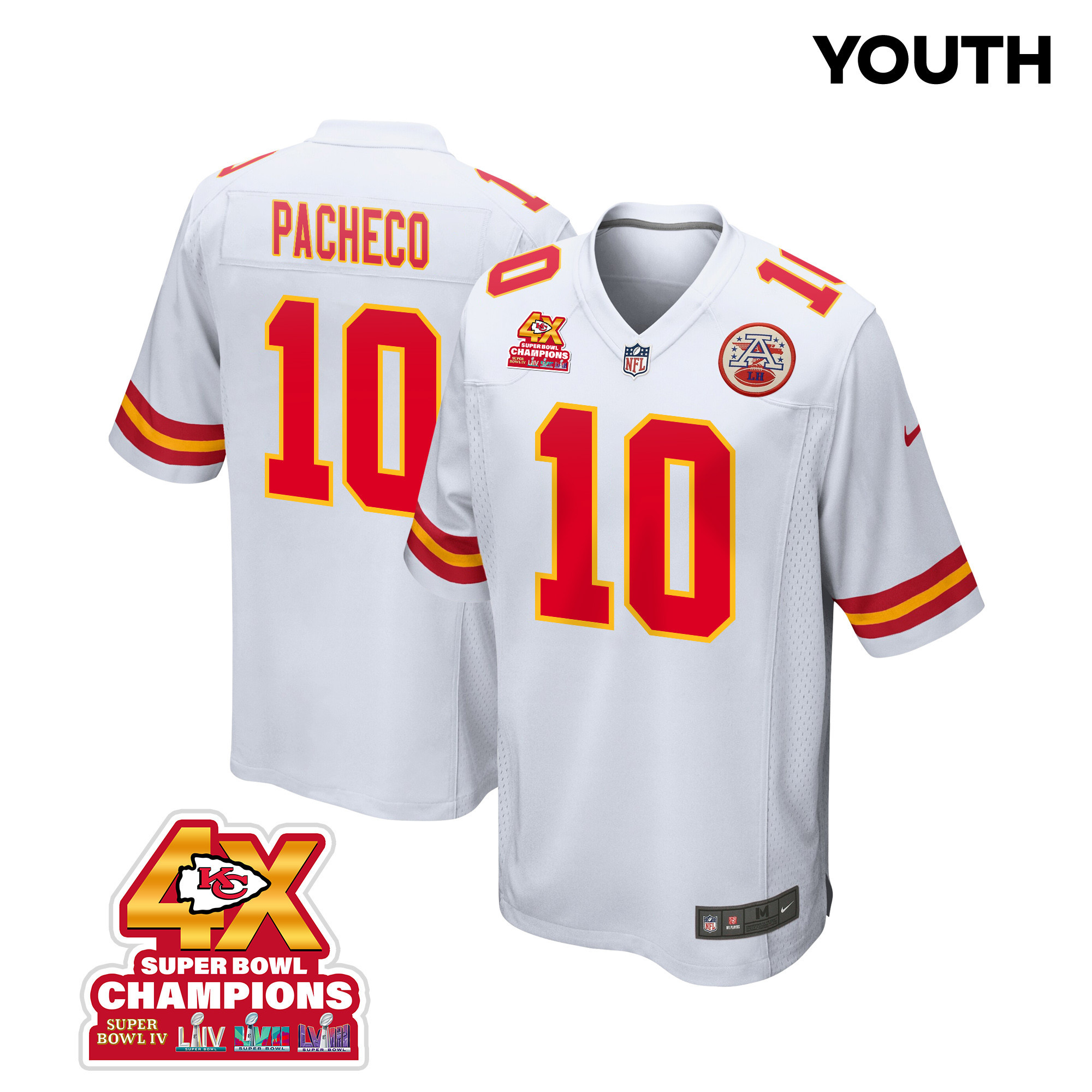 Isiah Pacheco 10 Kansas City Chiefs Super Bowl LVIII Champions 4X Game White NFL Jersey Youth