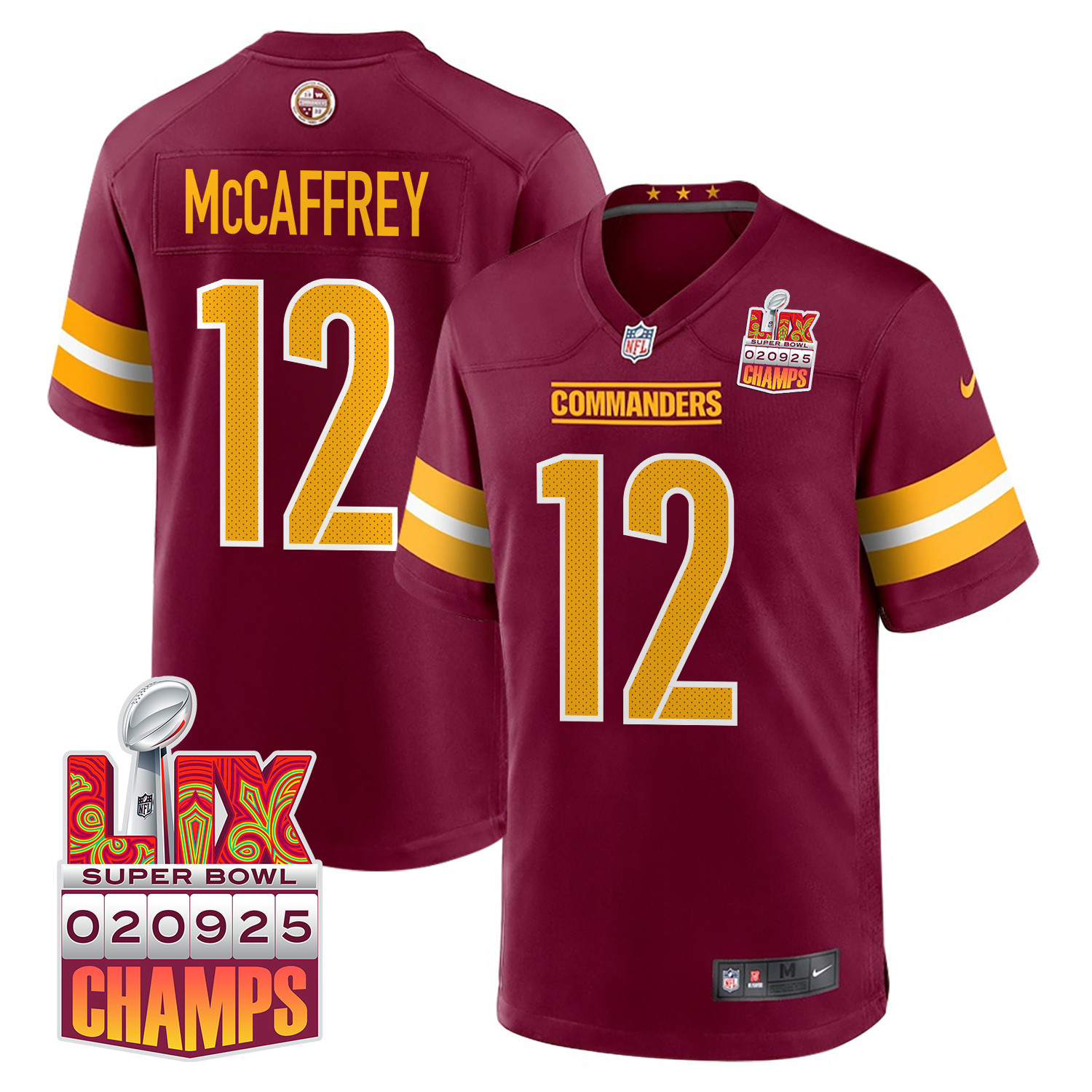 Luke McCaffrey 12 Washington Commanders Super Bowl LIX Champions Patch Game Burgundy NFL Jersey Men's