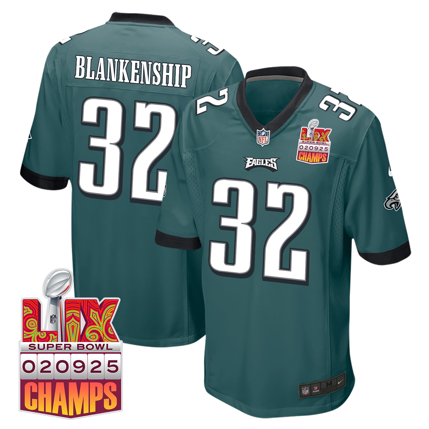 Reed Blankenship 32 Philadelphia Eagles Super Bowl LIX Champions Patch Game Midnight Green NFL Jersey Men's