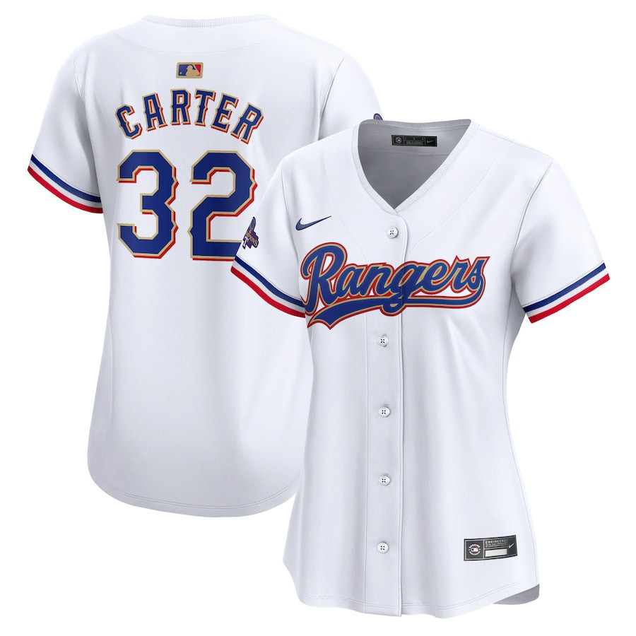 Evan Carter 32 Texas Rangers 2024 Gold Collection Limited White MLB Jersey Women's