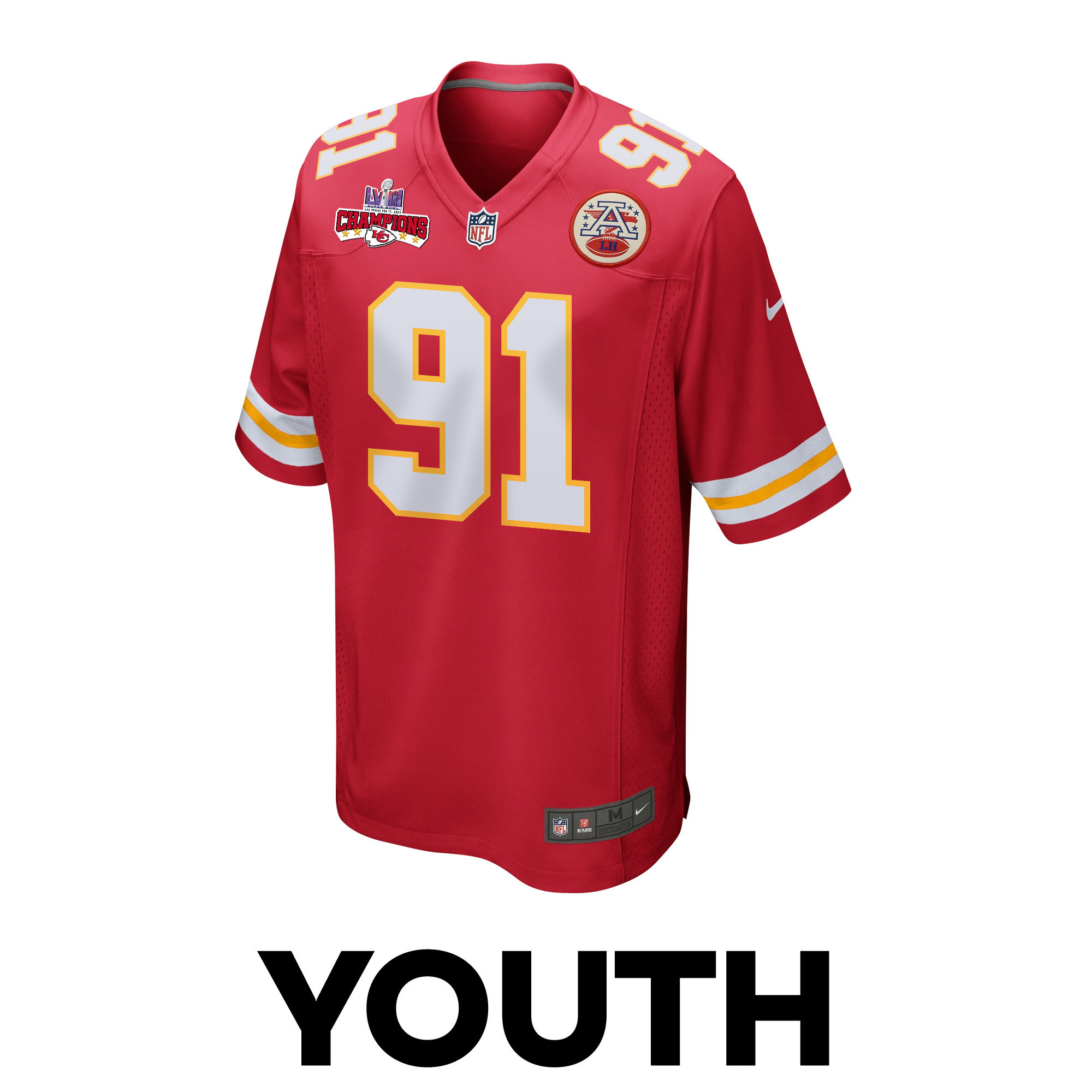 Derrick Nnadi 91 Kansas City Chiefs Super Bowl LVIII Champions 4 Stars Patch Game Red NFL Jersey Youth