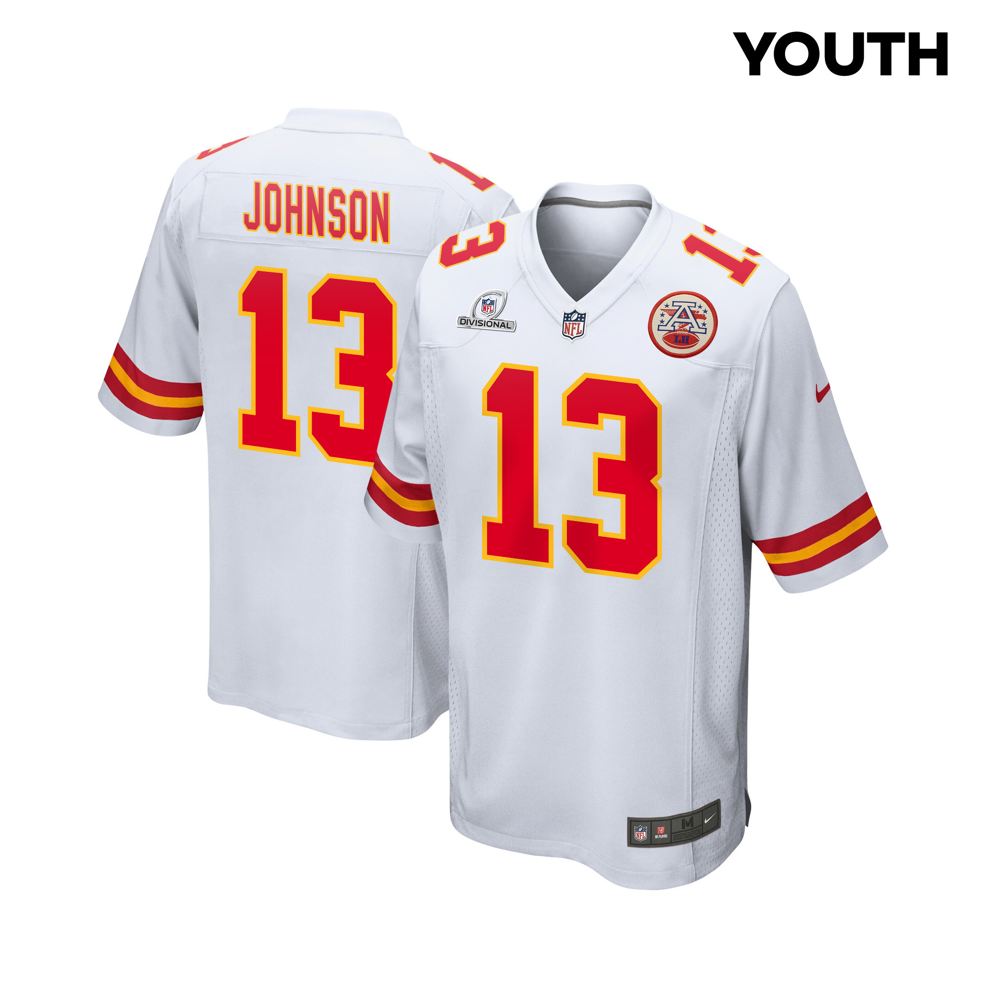 Nazeeh Johnson 13 Kansas City Chiefs Super Bowl LVIII Patch Game White NFL Jersey Youth