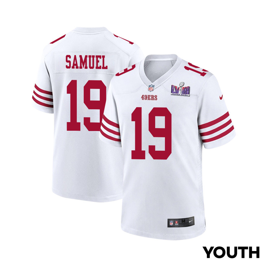 Deebo Samuel 19 San Francisco 49ers Super Bowl LVIII Patch Game White NFL Jersey Youth