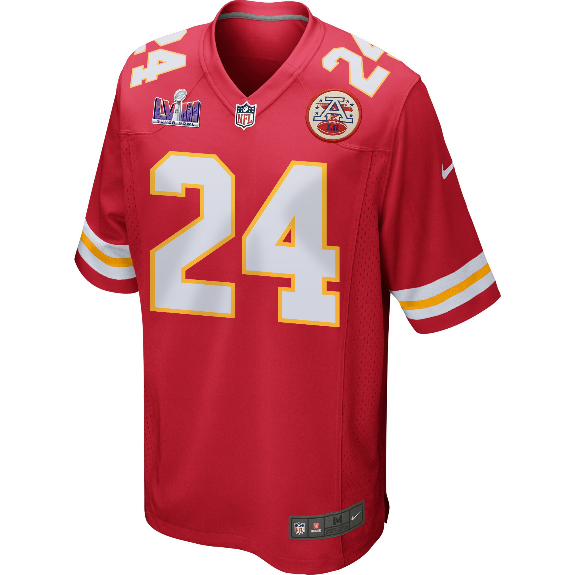 Skyy Moore 24 Kansas City Chiefs Super Bowl LVIII Patch Game Red NFL Jersey Men's