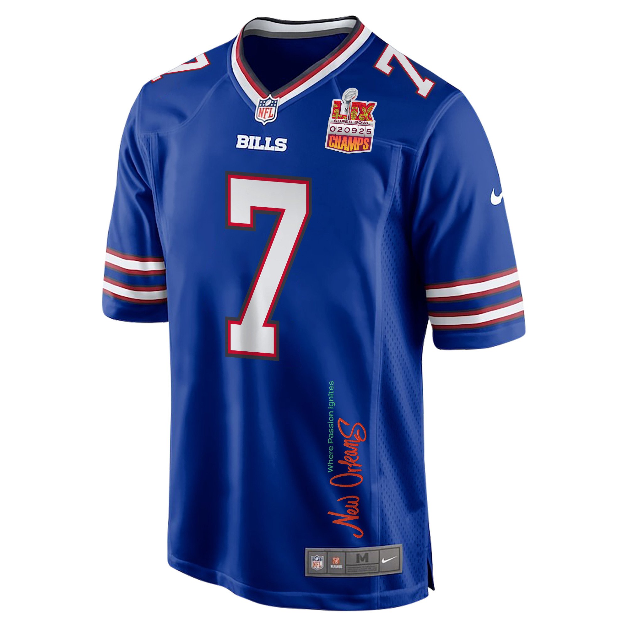 Taron Johnson 7 Buffalo Bills Super Bowl LIX Champions Patch New Orleans Where Passion Ignites' EMBROIDERED Game Royal NFL Jersey Men's